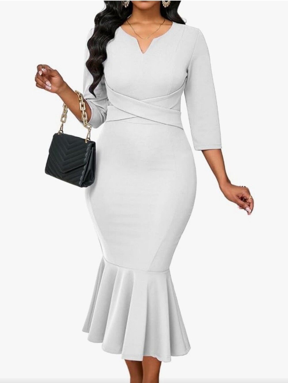 Chic White Long-Sleeve Mermaid Midi Dress Size Med